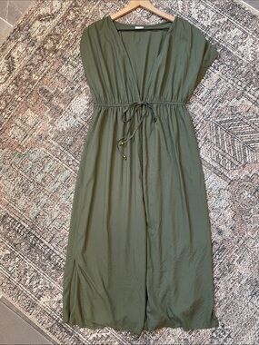 LASCANA Olive Green Maxi Swim Cover Up Dress Size 10 Kaftan Tie Resort Beach